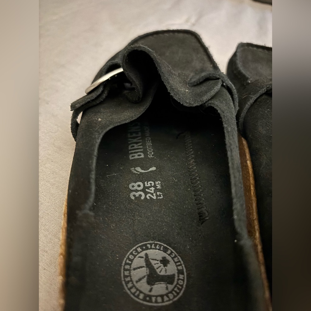 Birkenstock Black Suede Loafers with Metallic Buckle - Picture 2 of 6